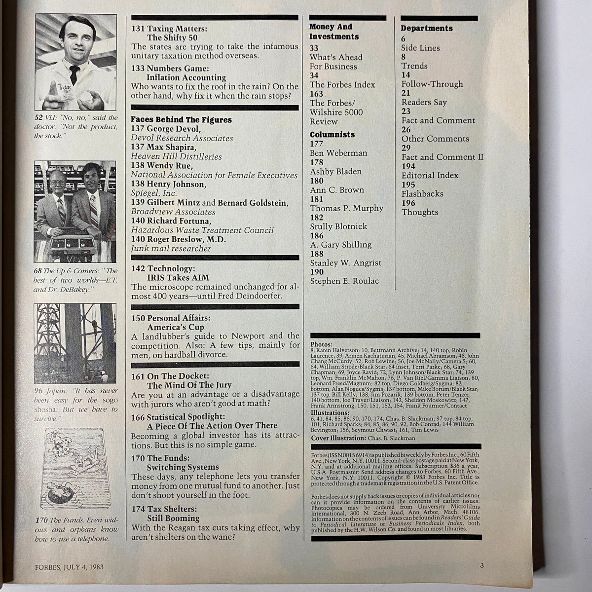 Interior page of Forbes Magazine July 4, 1983 featuring a list of topics including taxation matters and personal affairs.