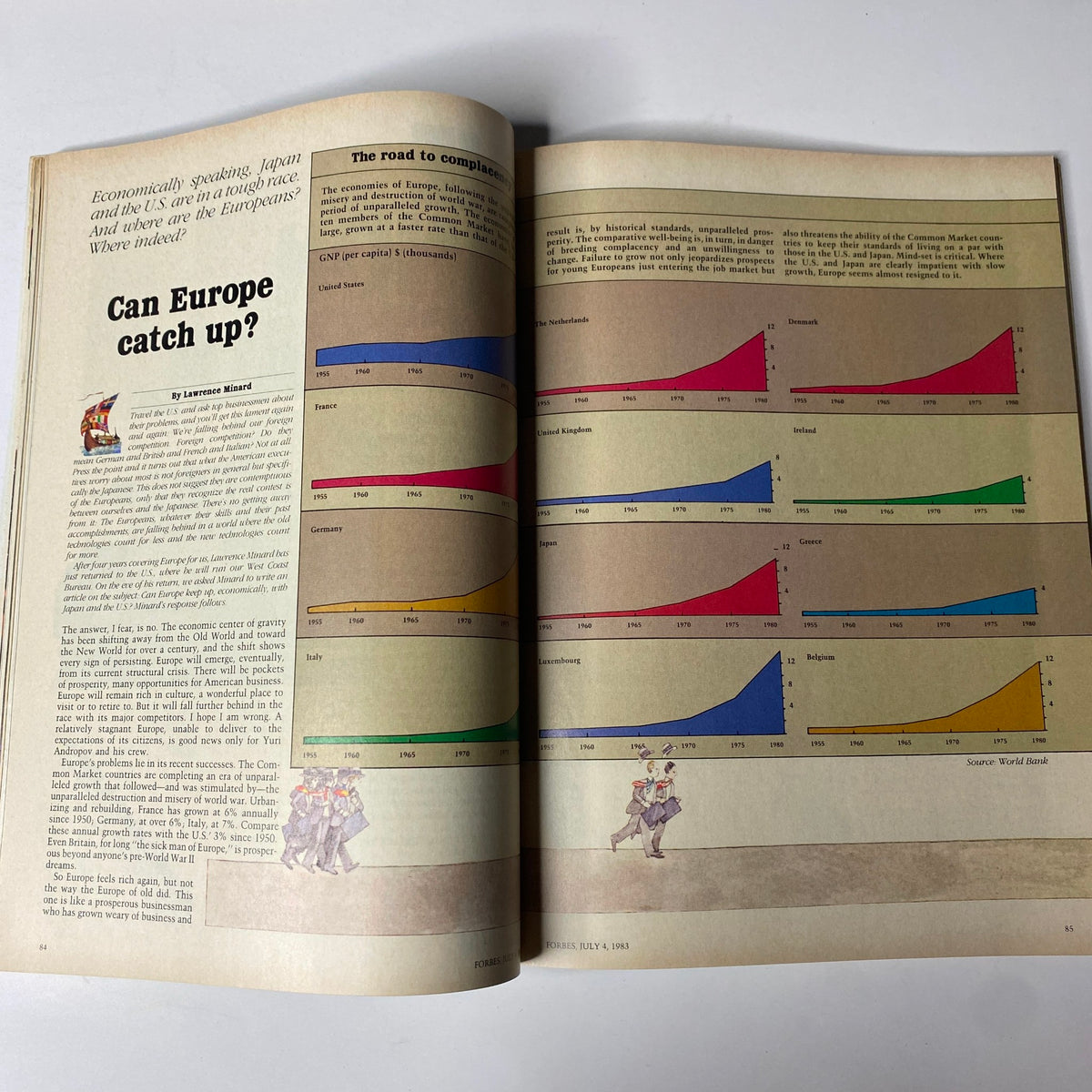 Interior page of Forbes Magazine July 4, 1983 presenting an article titled 'Can Europe catch up?' with economic growth charts comparing Europe and the US.