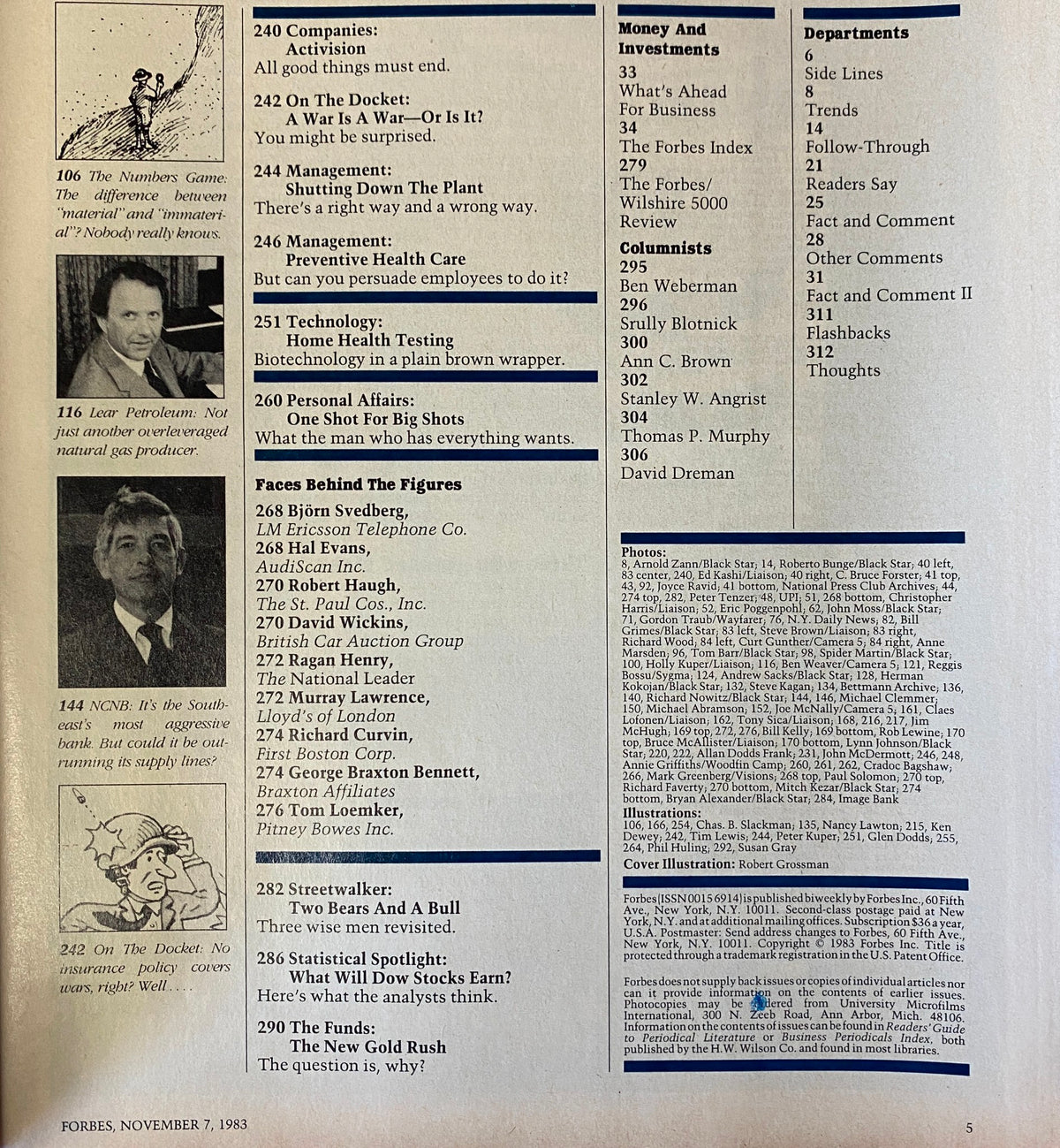 Forbes Magazine November 7, 1983 inside page showcasing notable companies and columns discussing economic strategies and market behavior.