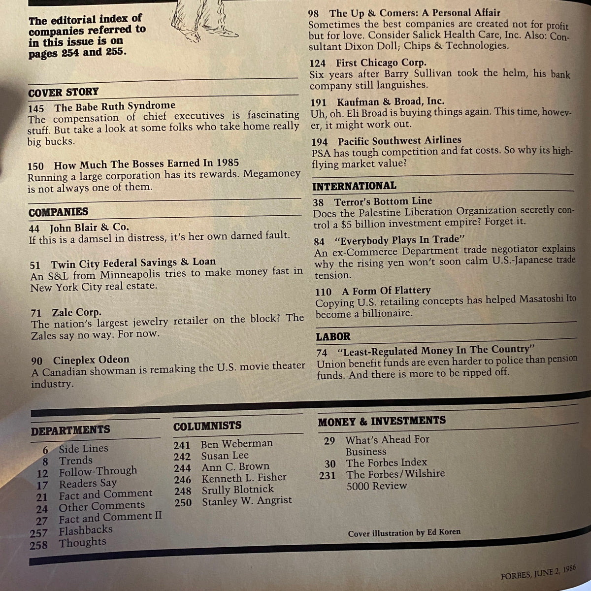 Forbes Magazine June 2, 1986 editorial index page, highlighting articles including 'The Babe Ruth Syndrome' and 'How Much the Bosses Earned in 1985'.
