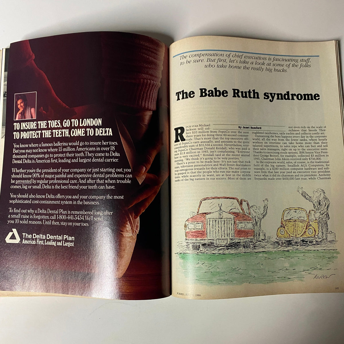 Forbes Magazine June 2, 1986 open pages displaying the article 'The Babe Ruth syndrome' and an advertisement for Delta Dental.