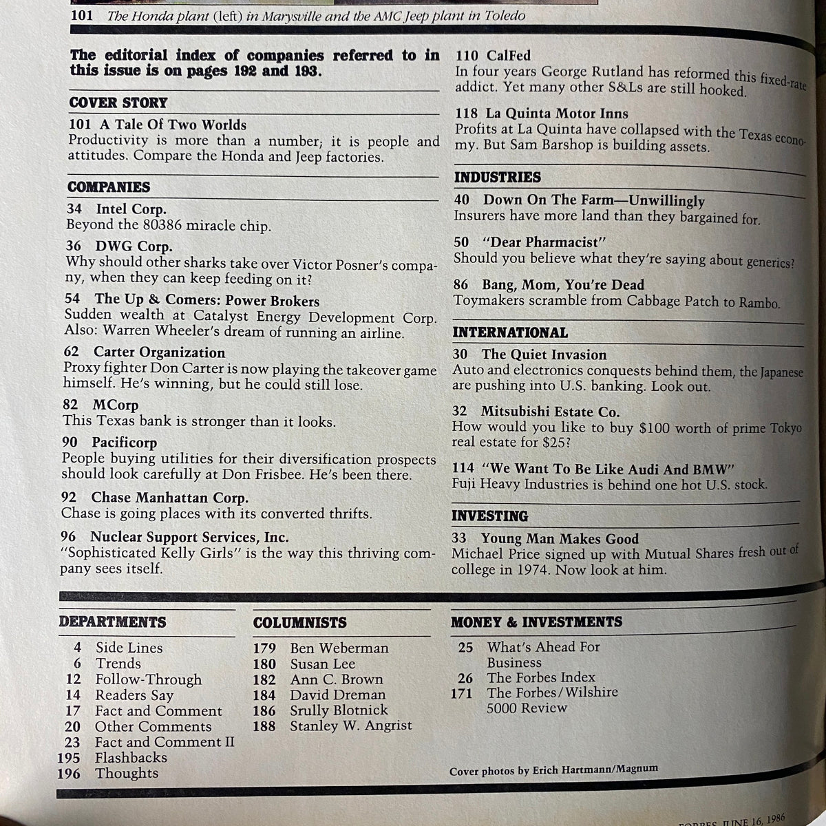Forbes Magazine June 16, 1986 interior page showing the editorial index and major companies discussed in this issue.