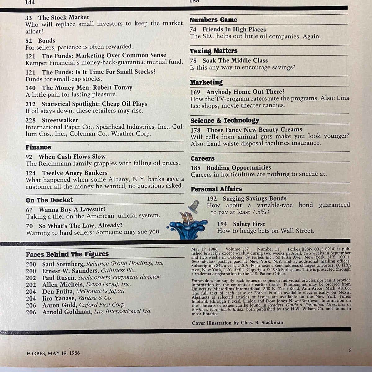 Page from Forbes Magazine May 19, 1986 highlighting stock market analysis, finance topics, and marketing strategies.
