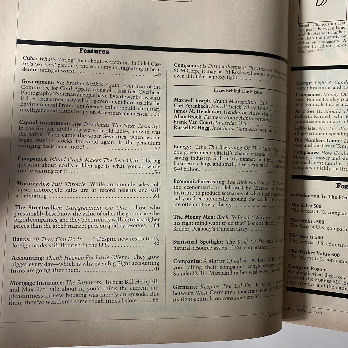 Features page from Forbes Magazine May 12, 1980, discussing economic analysis including topics like Cuba's economy and motorcycle sales in America.