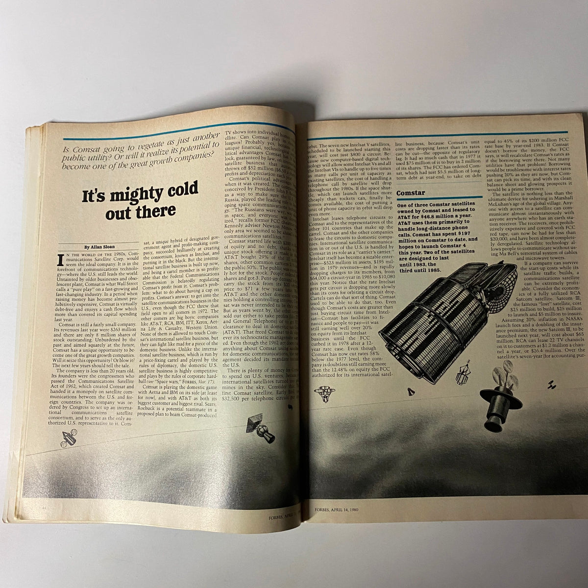 Article page in Forbes Magazine, April 14, 1980, focusing on the Communications Satellite Corp. and the potential of satellite technology.