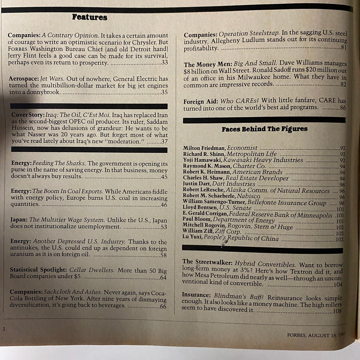 Interior page from Forbes Magazine August 18, 1980 showcasing feature article on Iraq's oil influence and Saddam Hussein's ambitions, including various corporate analyses during the period.