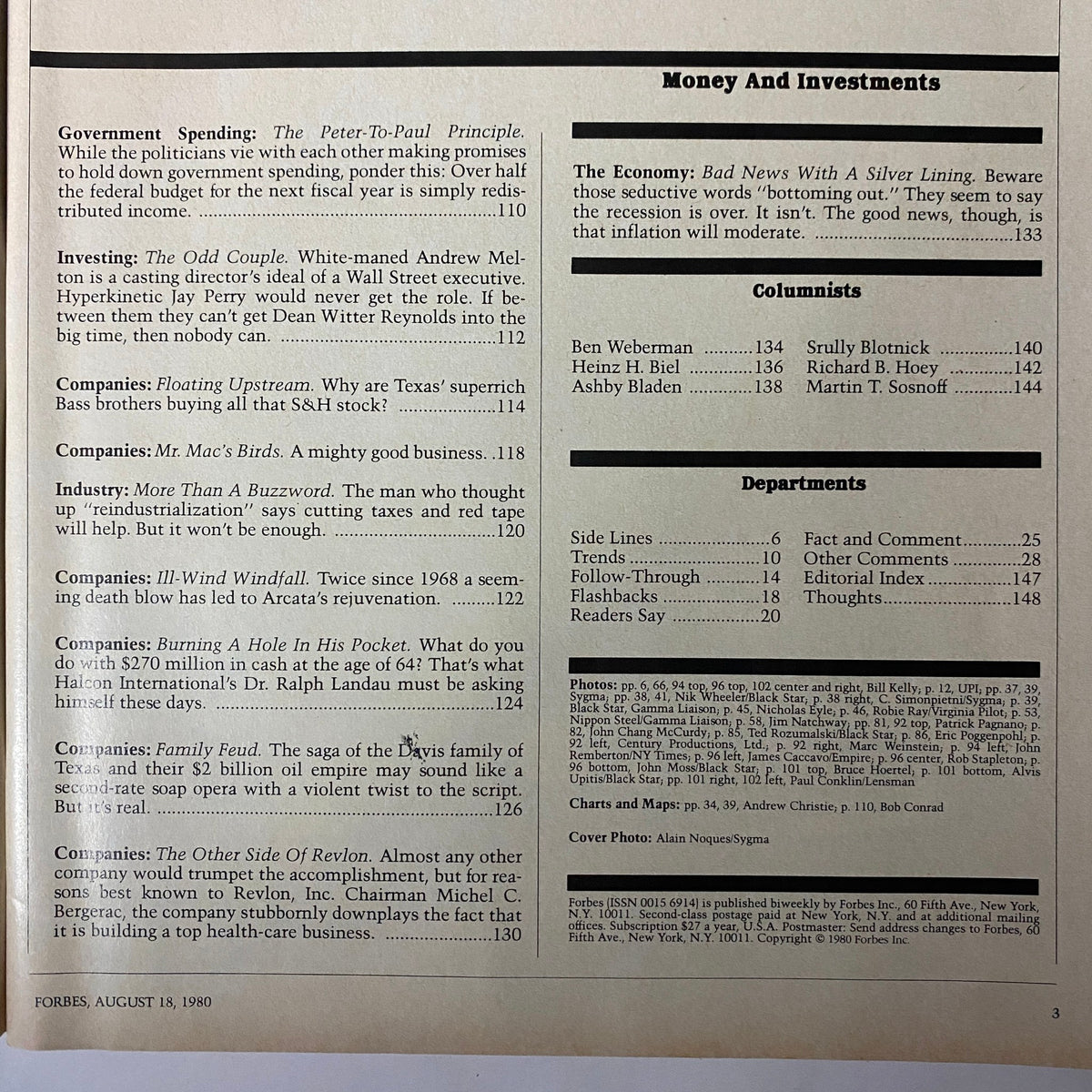 Interior page from Forbes Magazine August 18, 1980 featuring the 'Money and Investments' section with articles discussing government spending, investing, and various companies.