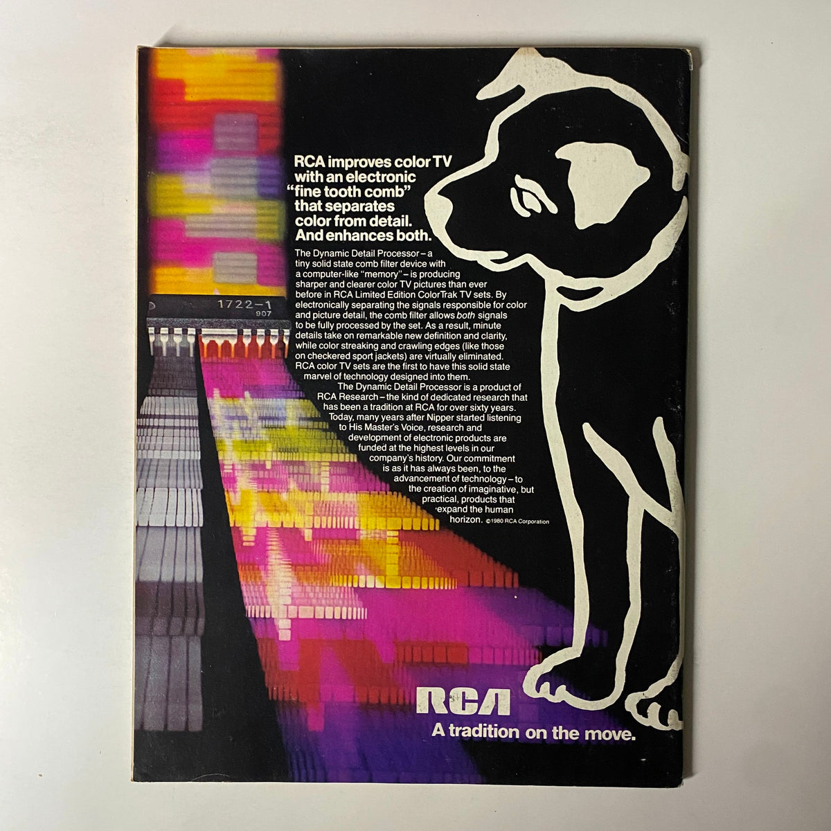 Back cover of Forbes Magazine August 18, 1980 showcasing an advertisement for RCA color TV with a distinctive graphic design featuring a dog and colorful patterns.