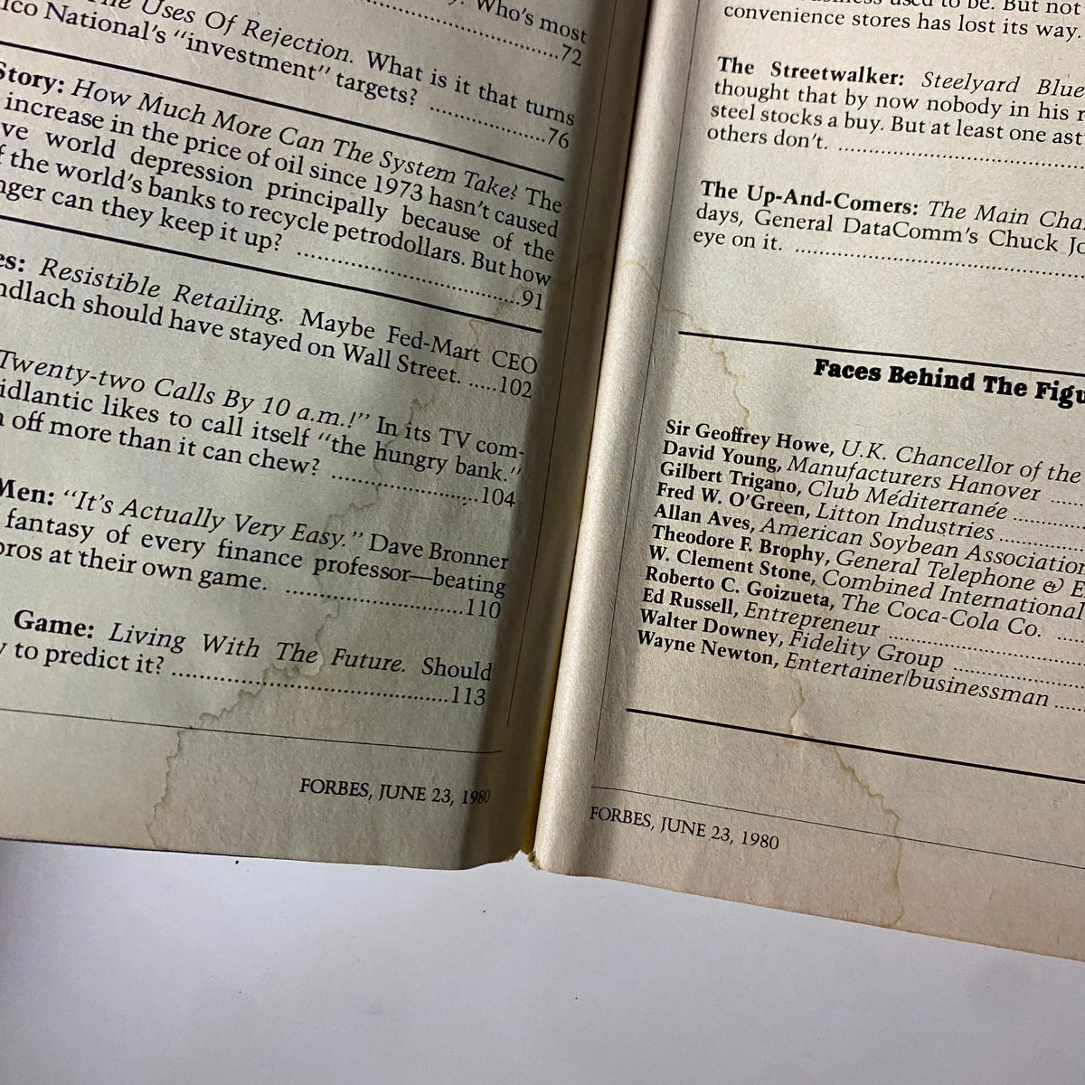 Inside page of Forbes Magazine June 23, 1980 showcasing the table of contents and articles related to economic issues and market trends.