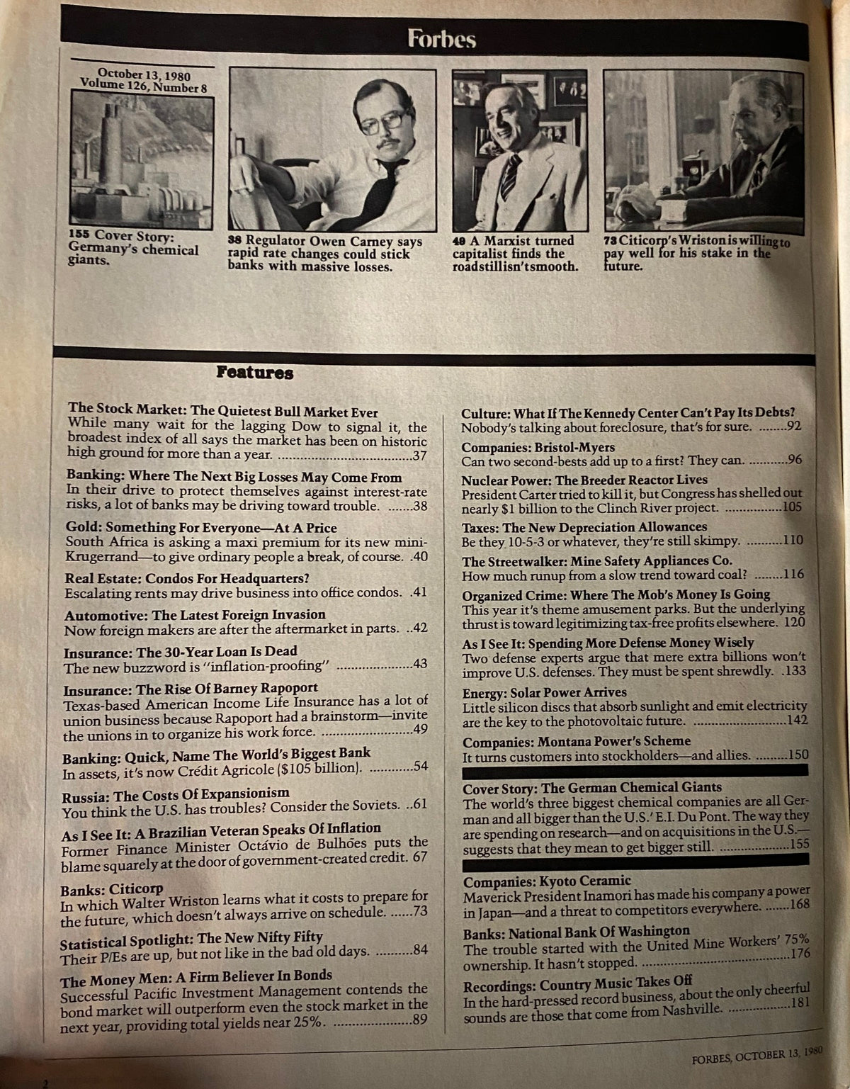 Page from Forbes Magazine October 13, 1980, showcasing the contents and features including the cover story 'The German Chemical Giants'.