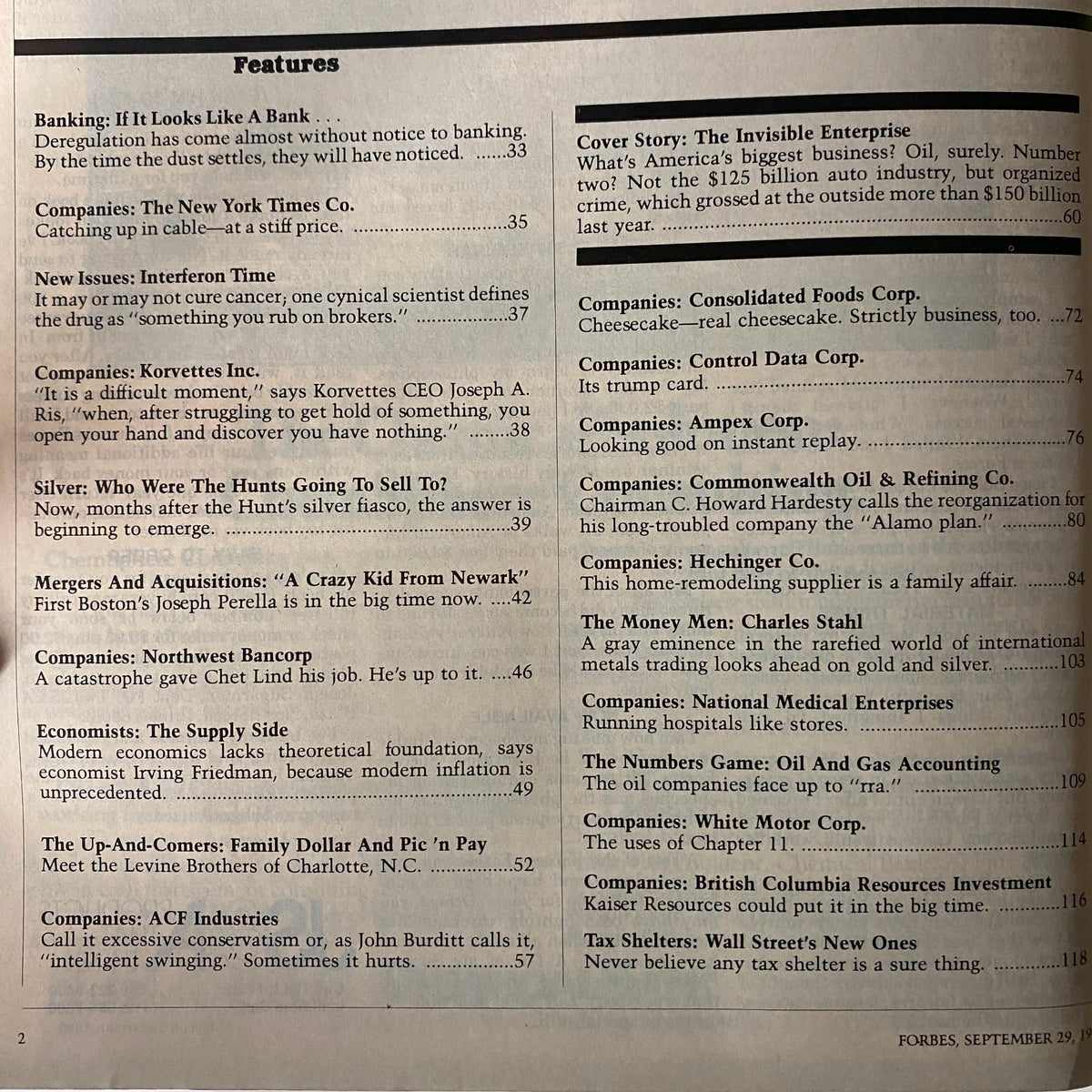 Table of contents from Forbes Magazine, September 29, 1980, highlighting the cover story 'The Invisible Enterprise' and various articles on banking, corporate trends, and economic insights.