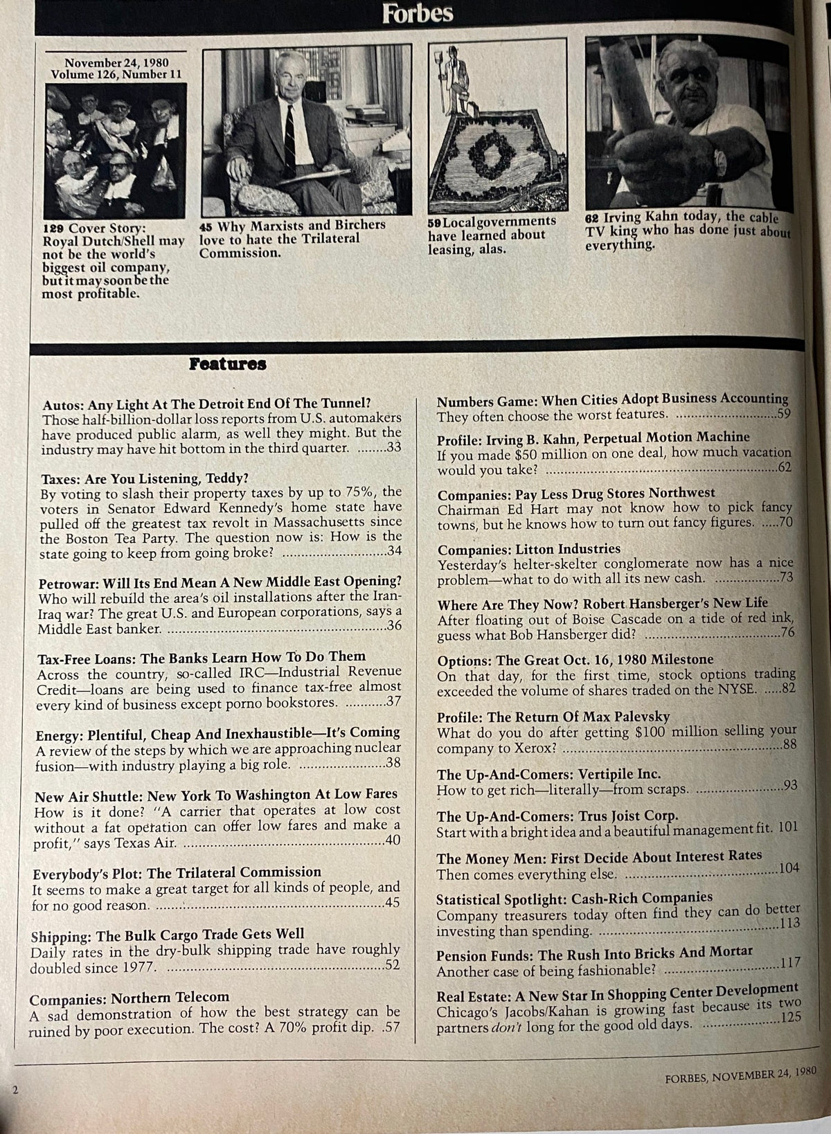 Interior page of Forbes Magazine from November 24, 1980, outlining featured articles including the cover story on Royal Dutch/Shell and discussing major economic themes of the time.