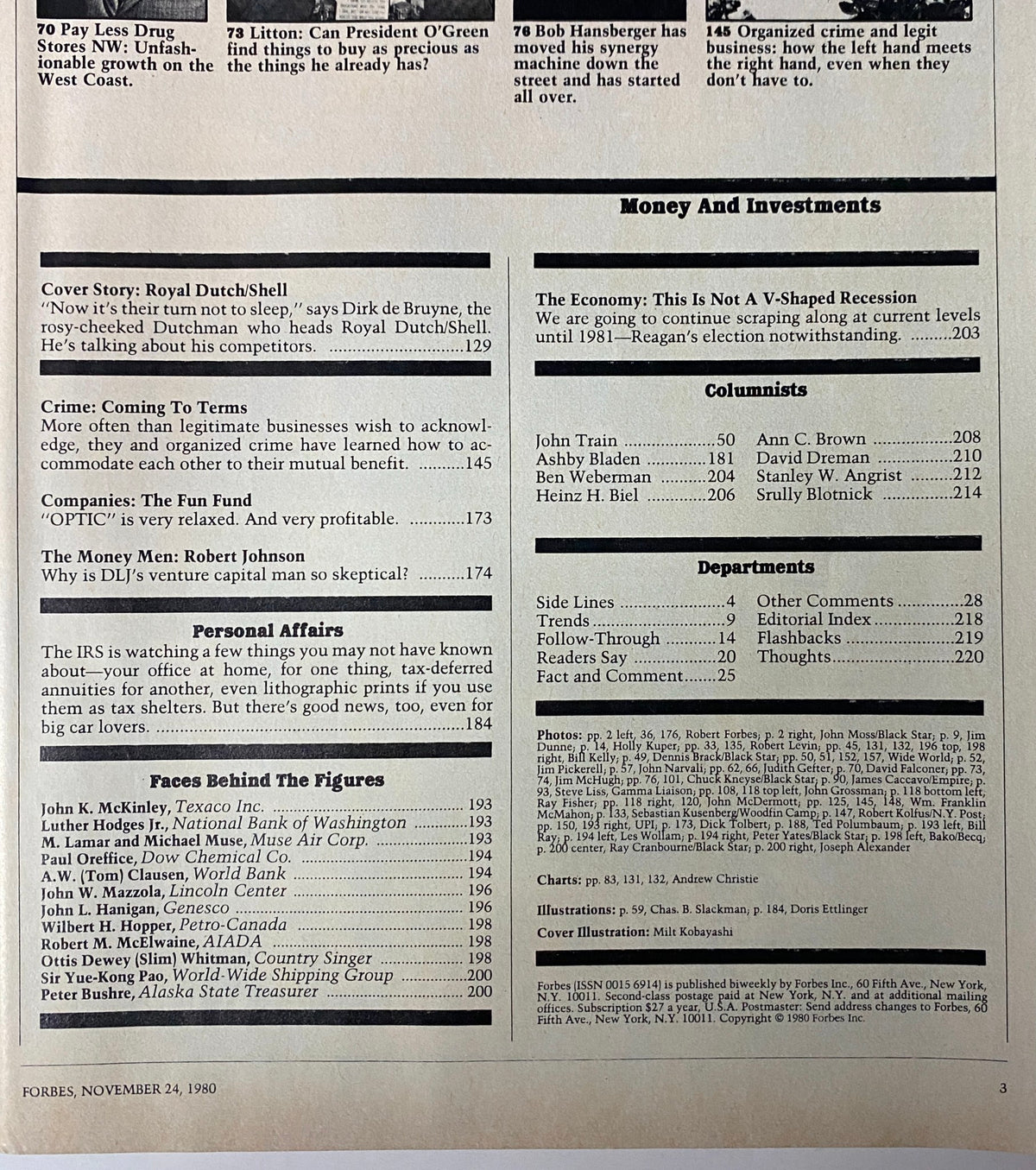 Another interior page of Forbes Magazine from November 24, 1980, displaying articles, columns, and features relevant to the economic landscape, including corporate strategies and market analysis.