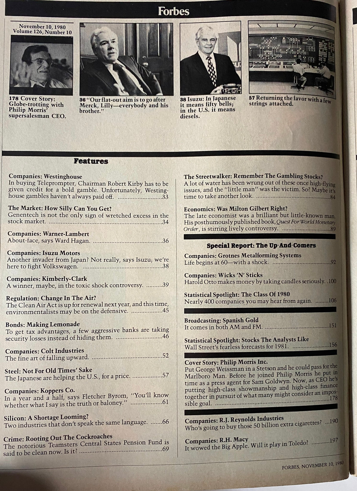Table of contents page from Forbes Magazine November 10, 1980 highlighting key articles including the cover story on Philip Morris and George Weissman.