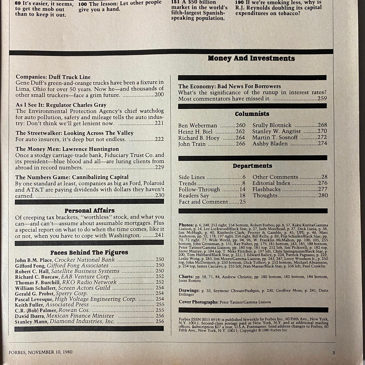 Inside page from Forbes Magazine November 10, 1980 displaying corporate feature articles and insights on financial industry developments.