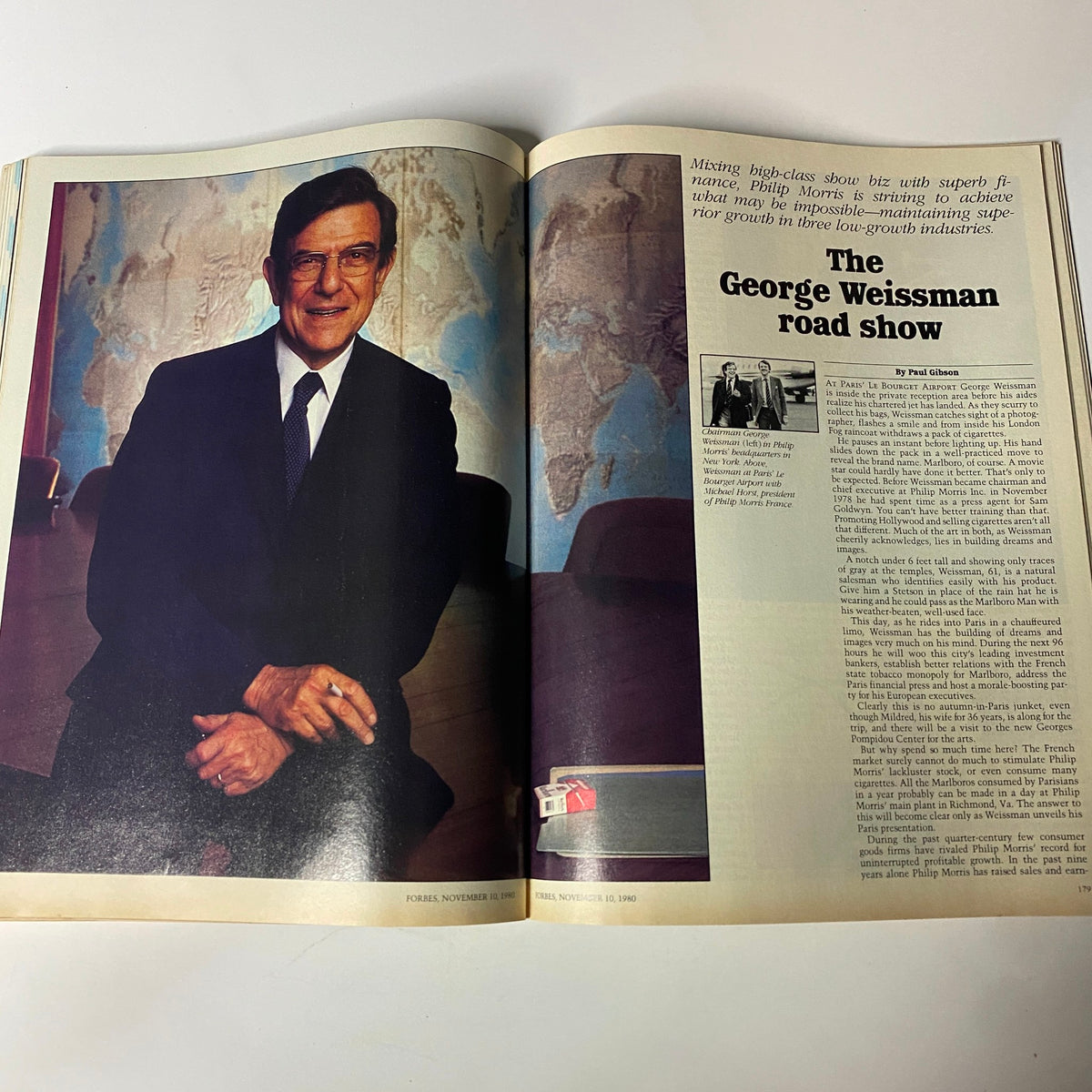 Forbes Magazine November 10, 1980 featuring George Weissman, CEO of Philip Morris, posing in front of a world map in an office setting. The image highlights corporate leadership during a pivotal financial era.