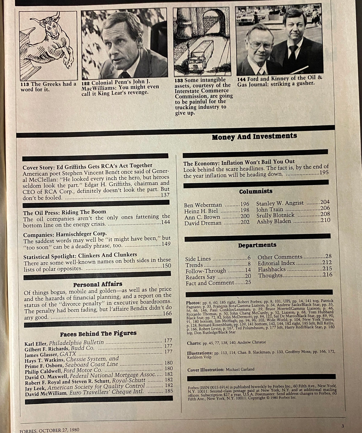 Another page from Forbes Magazine October 27, 1980, containing features such as economic topics and company analyses, highlighting Edgar Griffiths's leadership in RCA.