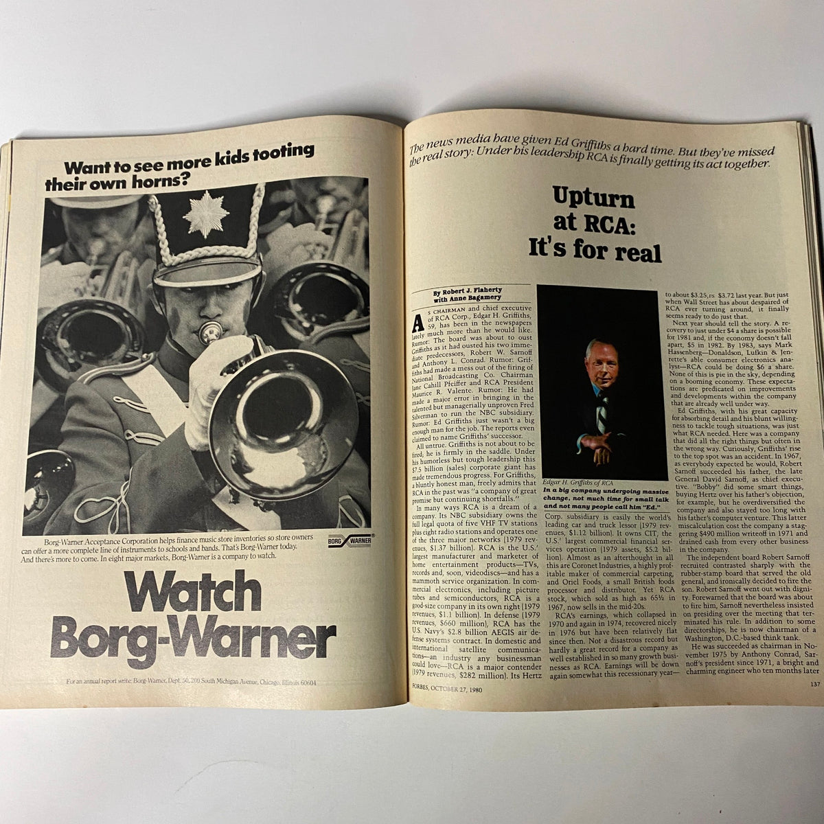 Forbes Magazine October 27, 1980, featuring an article about RCA Chairman Edgar Griffiths, showcasing a black and white image of a marching band member playing a trumpet.