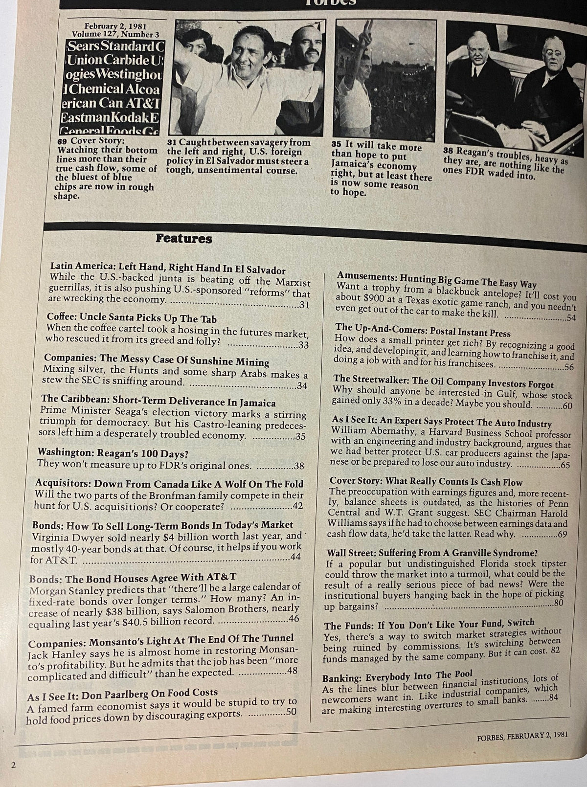 Inside page of Forbes Magazine February 2, 1981, showcasing articles and features including coverage of financial topics and a mention of the El Salvador situation.