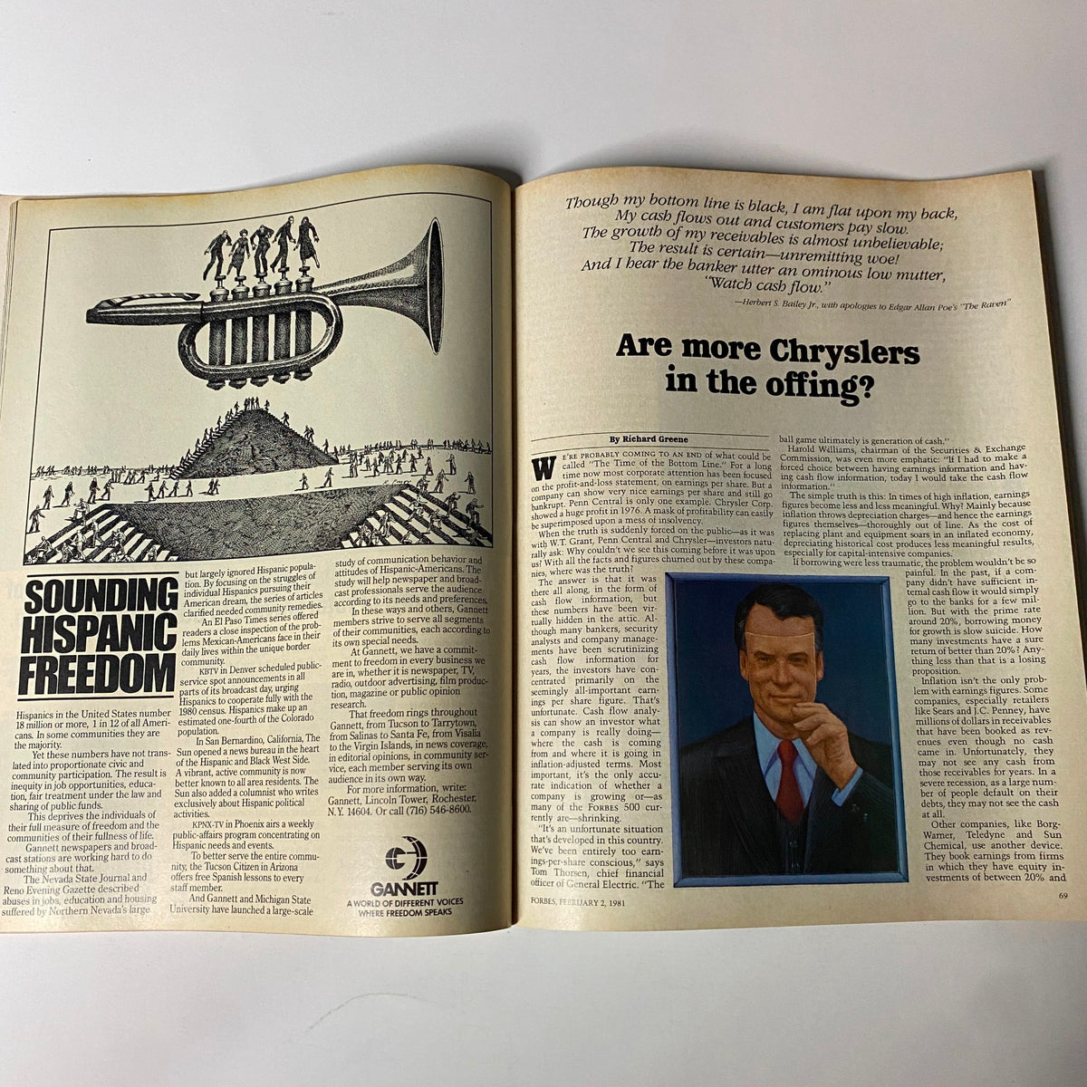 Opened page of Forbes Magazine February 2, 1981 featuring an article titled 'Sounding Hispanic Freedom' alongside a portrait of a professional in business attire discussing corporate financial insights.