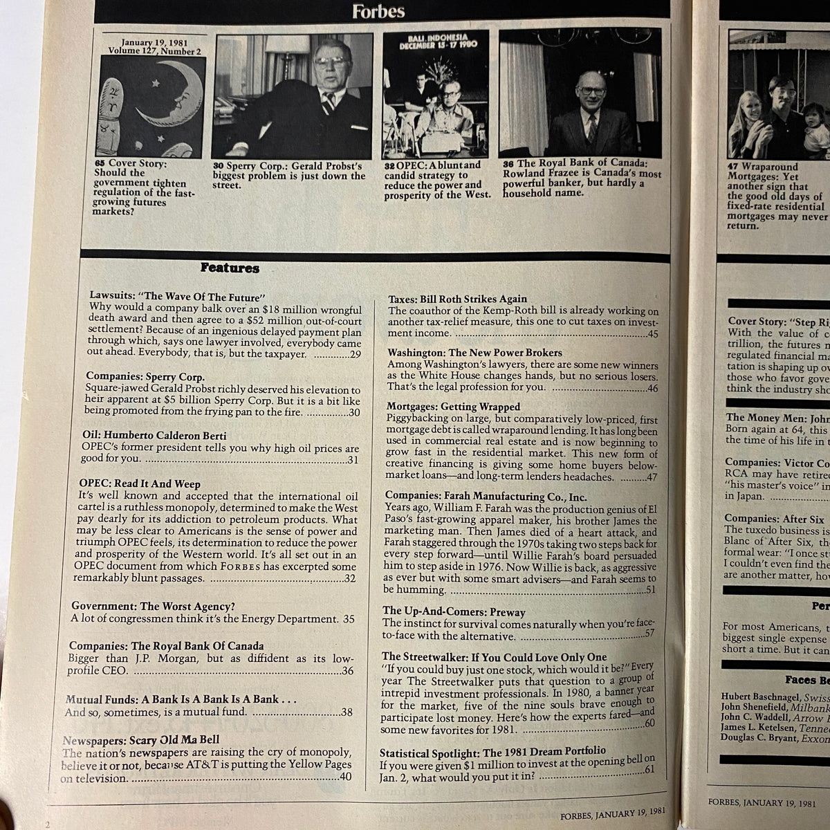Interior page from Forbes Magazine January 19, 1981 showcasing the table of contents with features on Sperry Corp, OPEC, and the Royal Bank of Canada, reflecting critical economic discussions of the time.