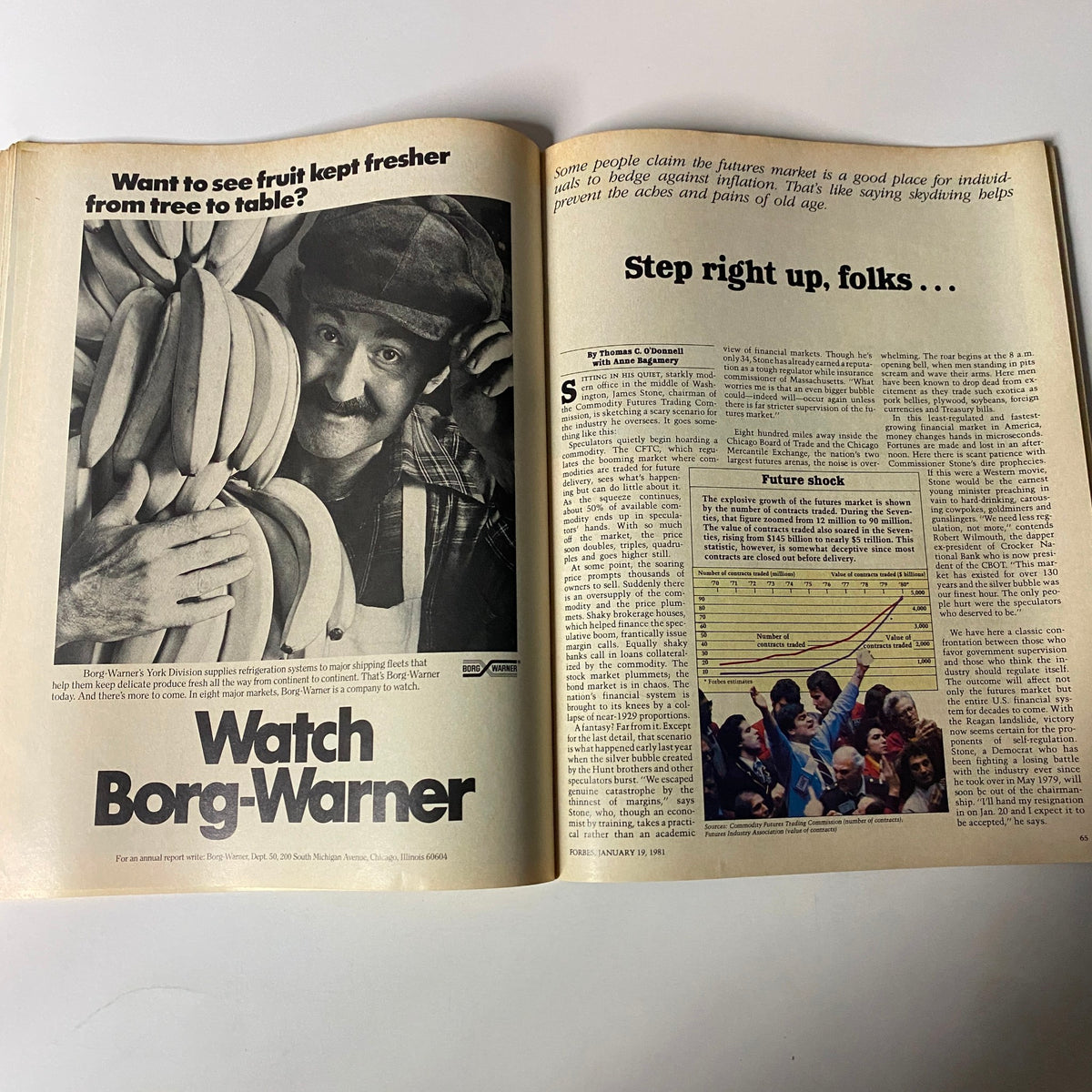 An article spread from Forbes Magazine January 19, 1981 titled 'Step Right Up, Folks...' discussing the futures market and its implications for investors, accompanied by a distinctive graphic showing market fluctuations.