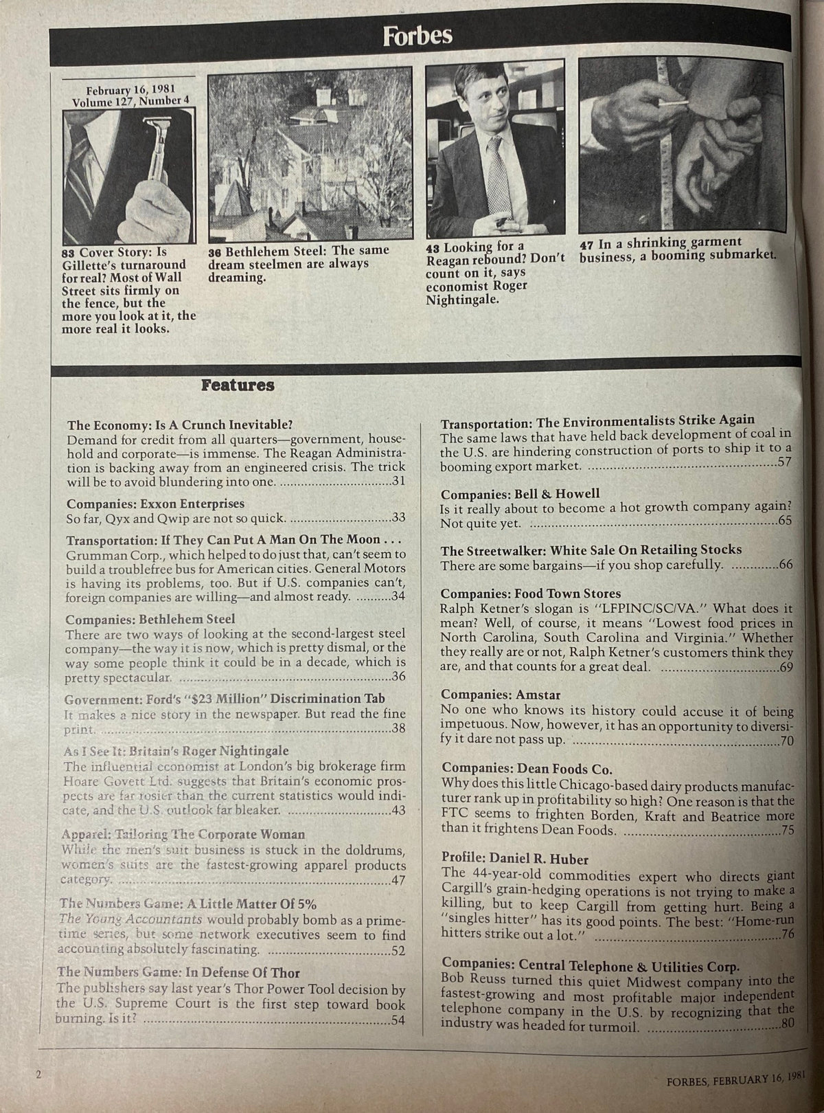 Interior page of Forbes Magazine from February 16, 1981, showcasing features including the cover story on Gillette's corporate strategy.