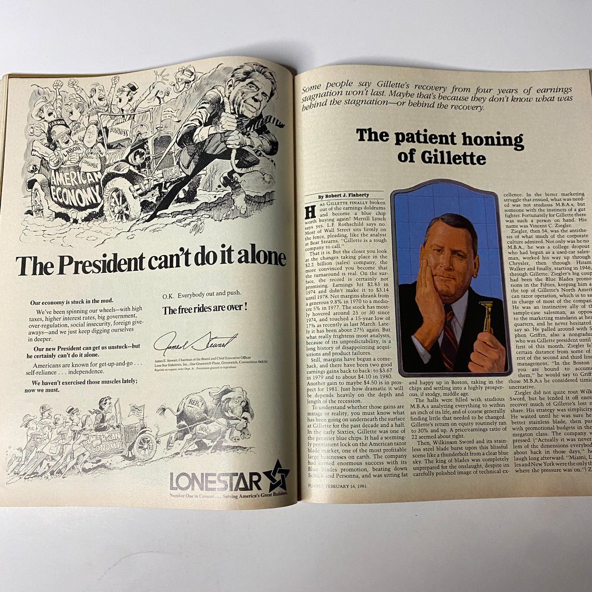 Forbes Magazine February 16, 1981 featuring an article on the President and the American economy, along with the cover story 'The Patient Honing of Gillette' discussing Gillette Chairman Colman Mockler.