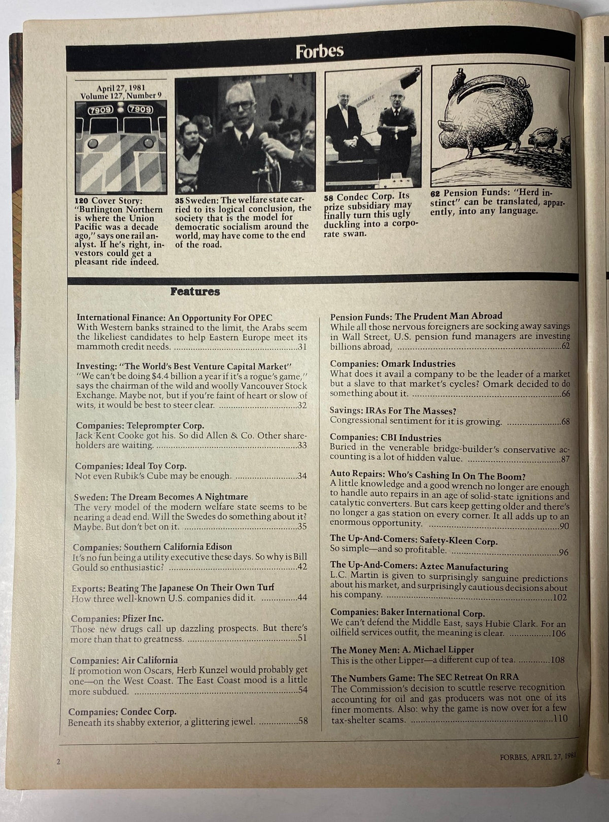 Interior page of Forbes Magazine, April 27, 1981, showcasing various features and articles including a cover story on Burlington Northern. The content reflects key financial themes and corporate profiles from the early 1980s.