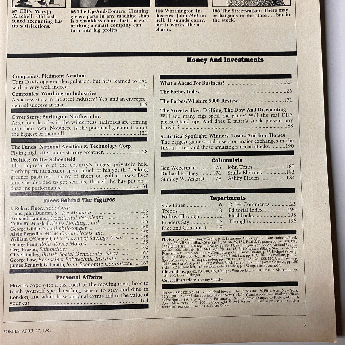 Another interior page of Forbes Magazine, April 27, 1981, providing a table of contents and highlighting articles related to investments and corporate strategies, further emphasizing the magazine's role in documenting financial history.