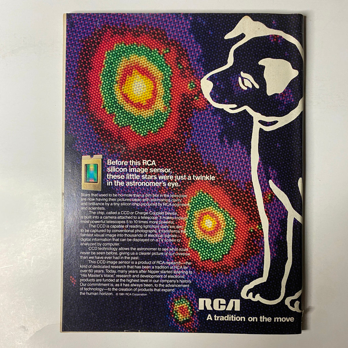 Back cover of Forbes Magazine, April 27, 1981, showcasing an RCA advertisement highlighting the advancements in silicon image sensors with a creative design featuring an abstract dog and colorful patterns.