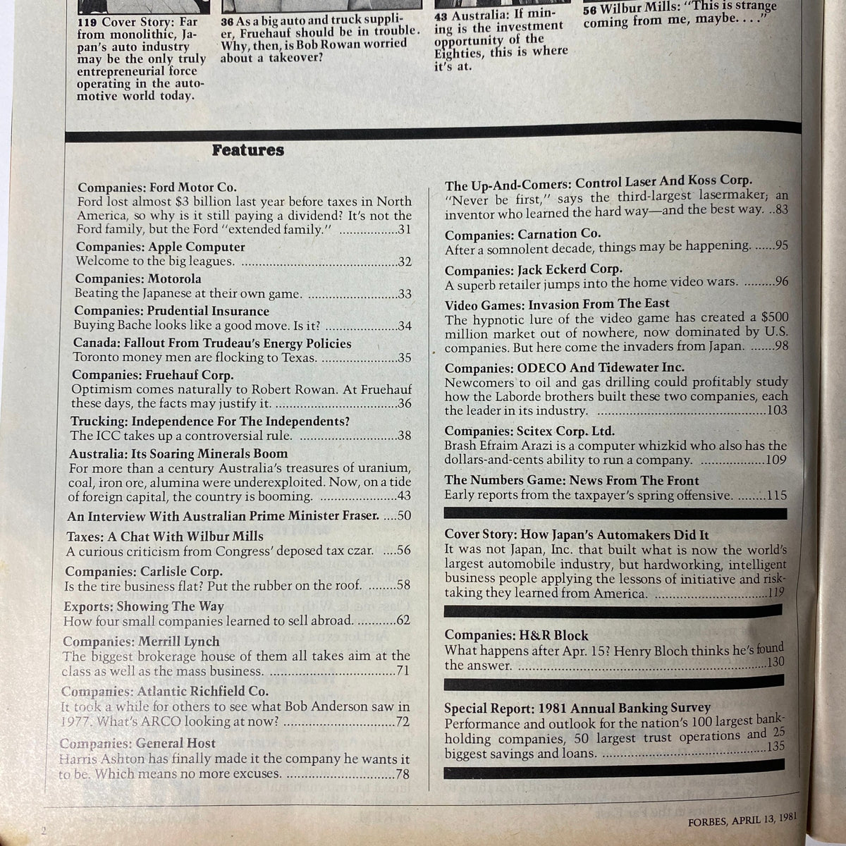 Table of contents from Forbes Magazine, April 13, 1981, showcasing featured articles including 'Cover Story: Ford Motor Co.' and insights into the automotive industry and major corporations of the era.