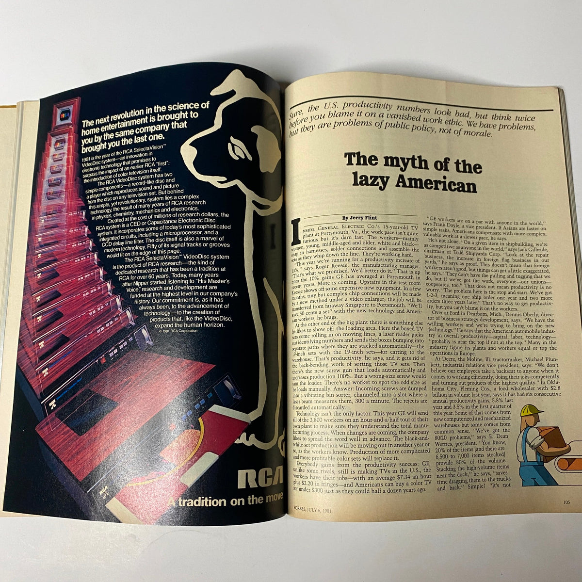 Interior page from Forbes Magazine July 6, 1981 featuring an article titled 'The myth of the lazy American', discussing U.S. productivity and public policy, alongside an advertisement for RCA's VideoDisc system.