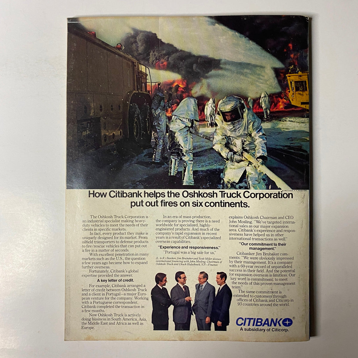 Back cover of Forbes Magazine July 6, 1981 showcasing an advertisement for Citibank, highlighting its support for the Oshkosh Truck Corporation and their operations on six continents.