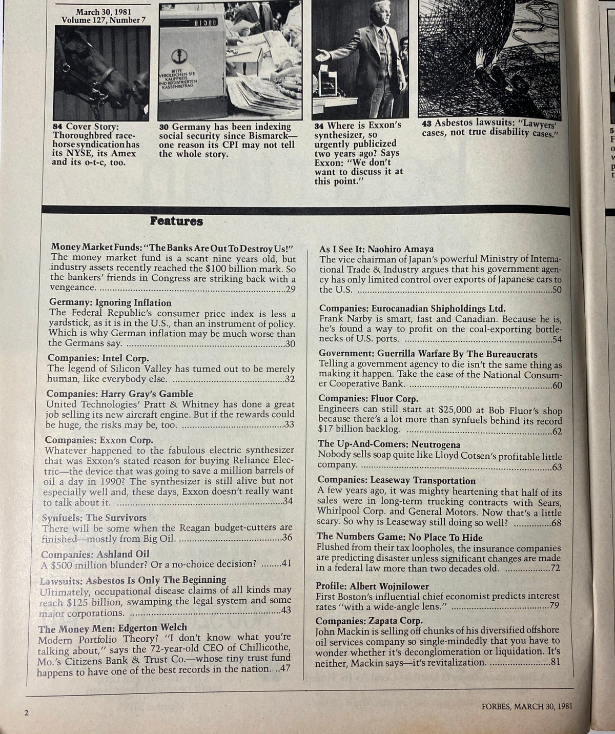A page from Forbes Magazine dated March 30, 1981, highlighting the cover story on thoroughbred racehorse syndication and various economic topics including Germany's inflation concerns and Exxon's synthesizer project.