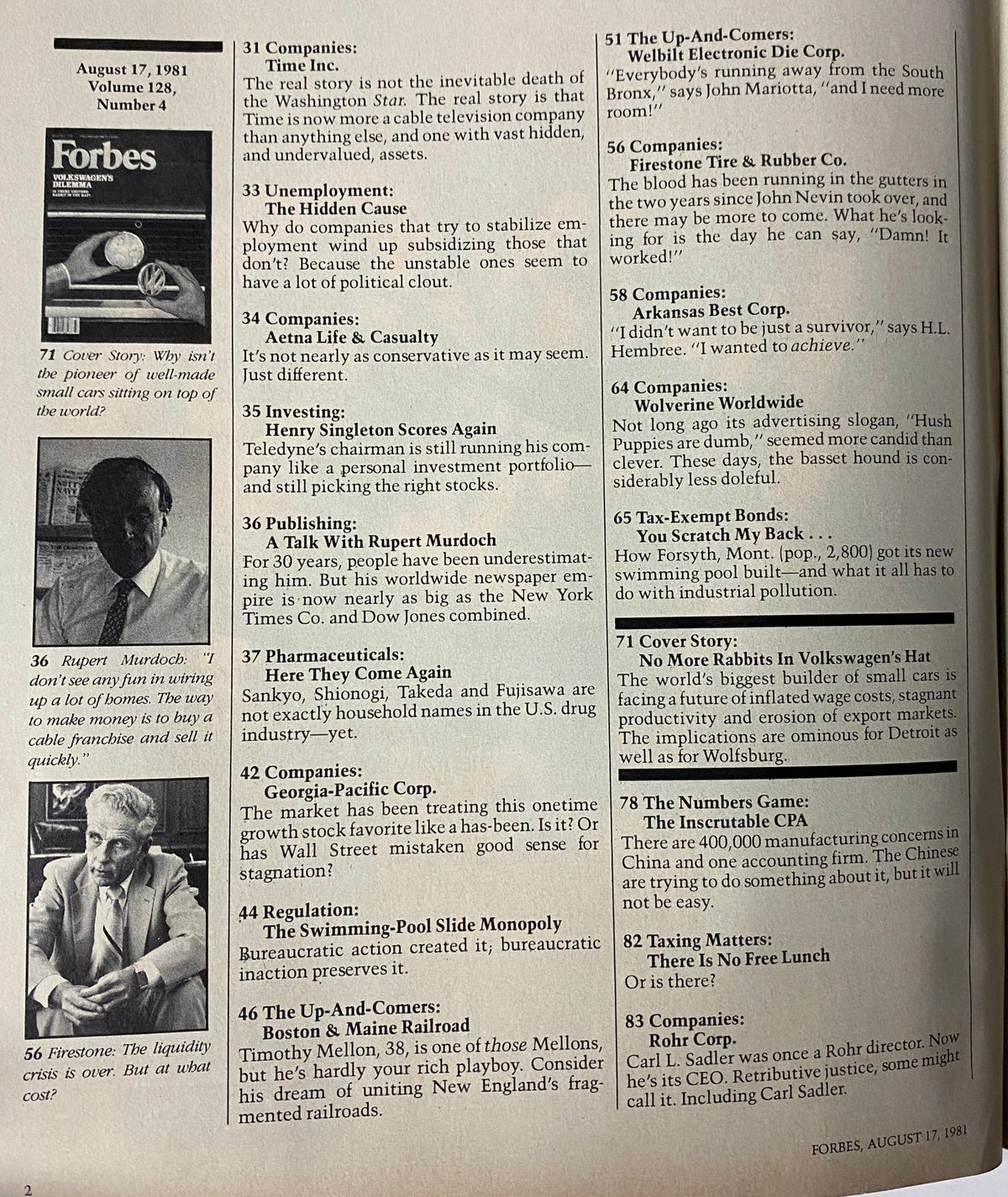 Table of contents from Forbes Magazine, August 17, 1981, listing articles including the cover story 'Volkswagen's Dilemma' and other business-related topics.