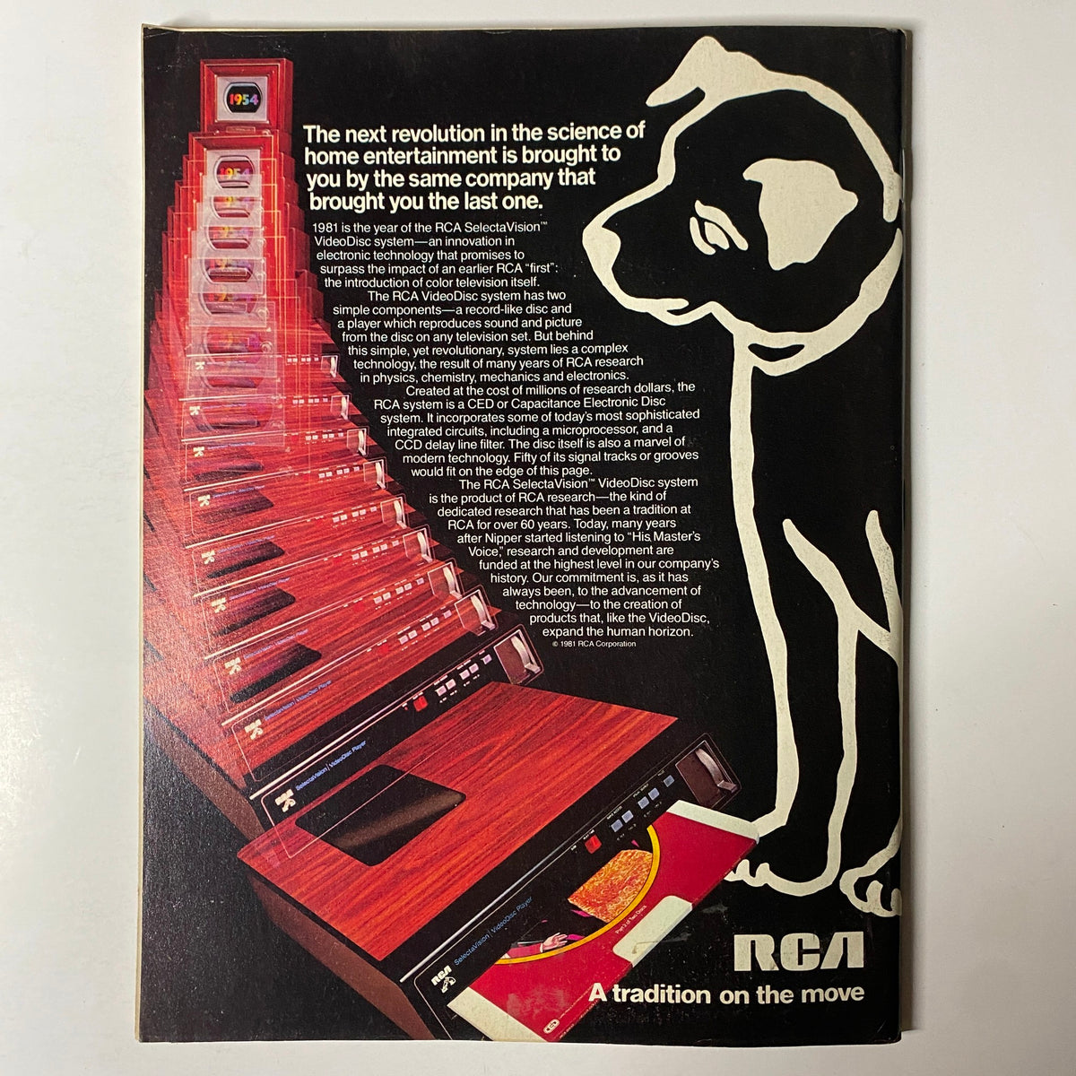 Back cover of Forbes Magazine August 17, 1981 featuring an advertisement for RCA SelectVision VideoDisc system with a sleek design and a dog illustration, highlighting advances in home entertainment technology.