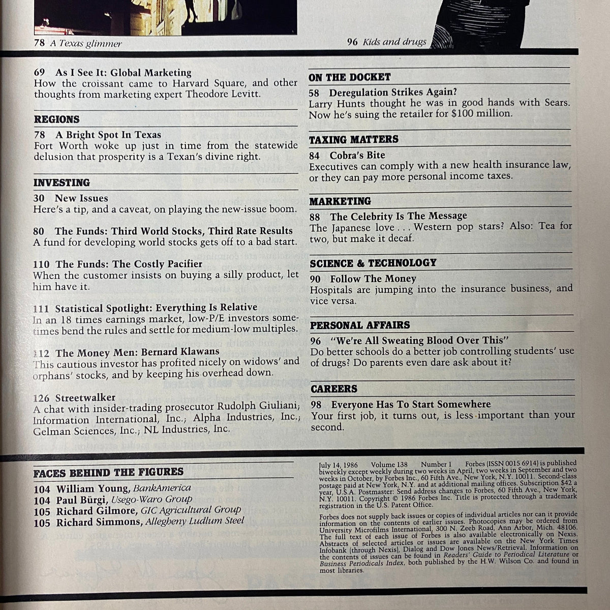 Page layout from Forbes Magazine July 14, 1986, featuring articles on global marketing, investment strategies, and social issues, reflecting the period's business climate and challenges.