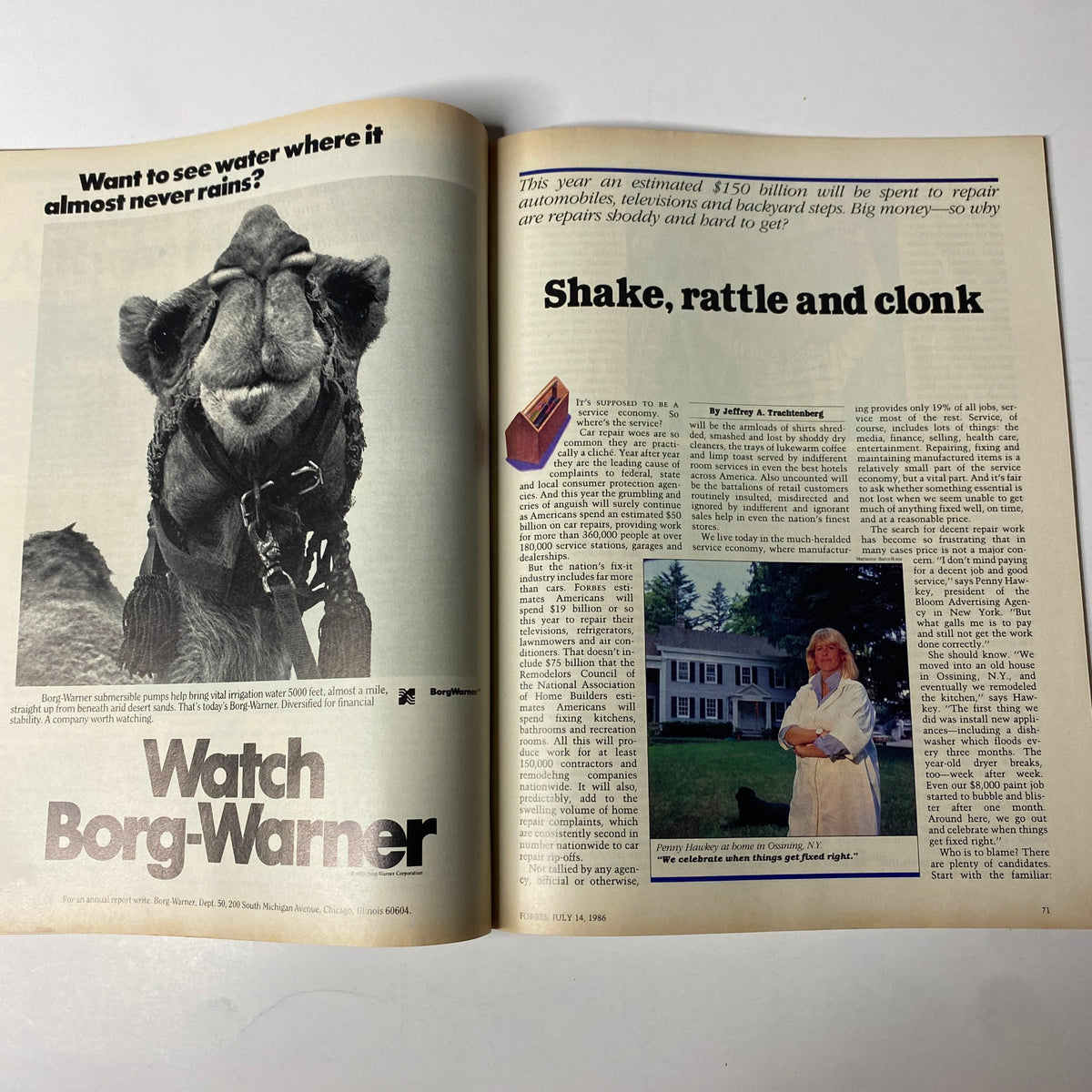 Forbes Magazine July 14, 1986 featuring the article 'Shake, Rattle and Clonk' discussing the $150 billion repair industry, with an image of a camel advertising Borg-Warner submersible pumps.