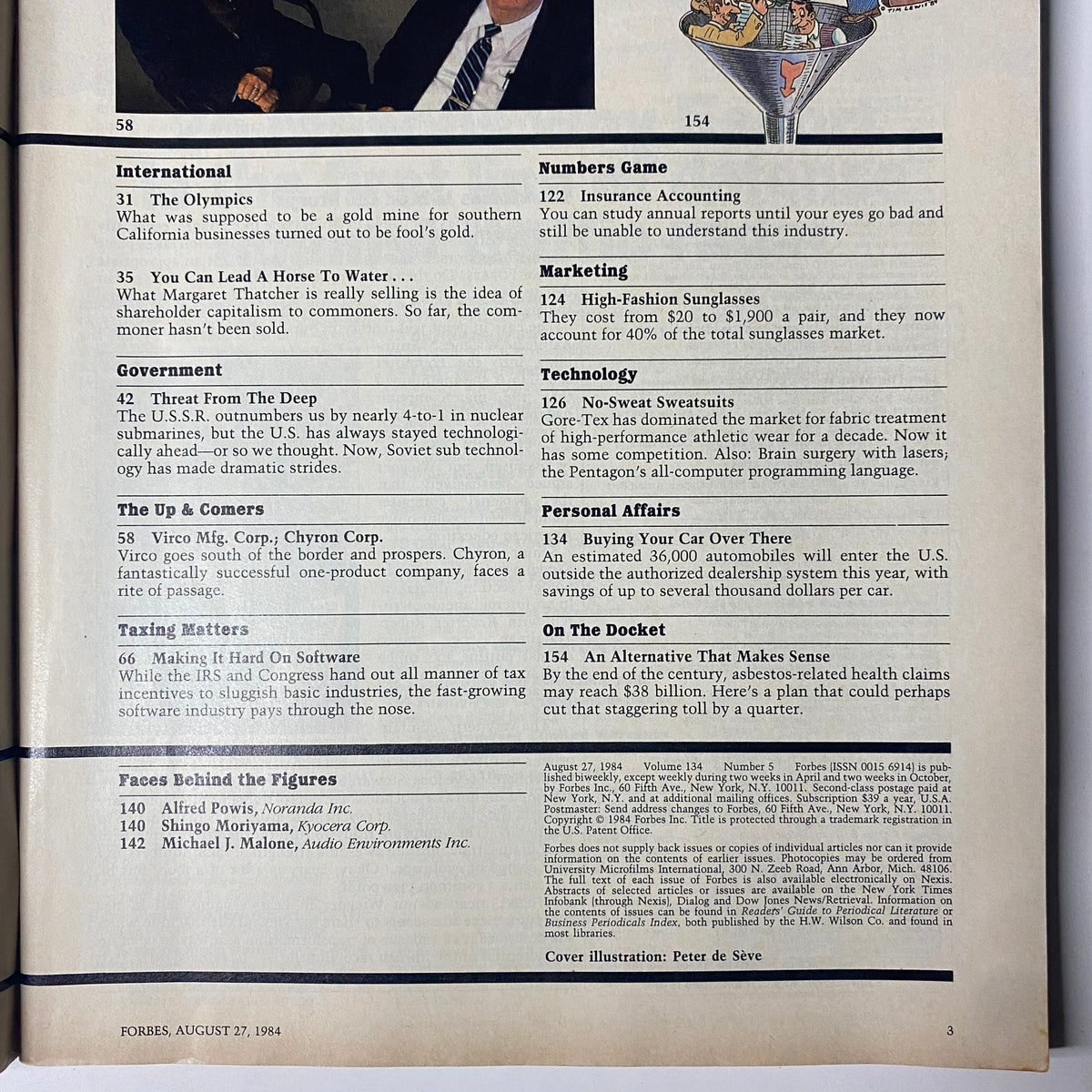 Page from Forbes Magazine August 27, 1984 featuring insights on international markets and government concerns, as well as sections on numbers game and marketing.