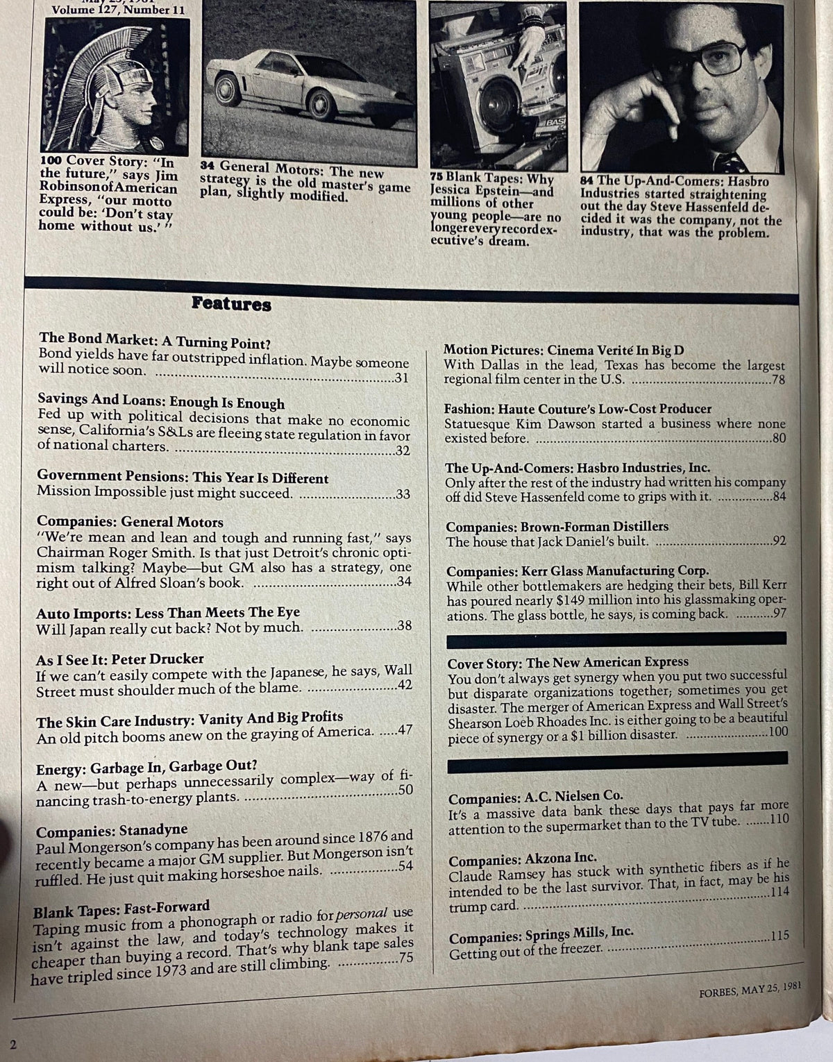 Forbes Magazine May 25, 1981 interior page featuring various articles including the cover story on Jim Robinson of American Express and discussions on General Motors and the bond market.