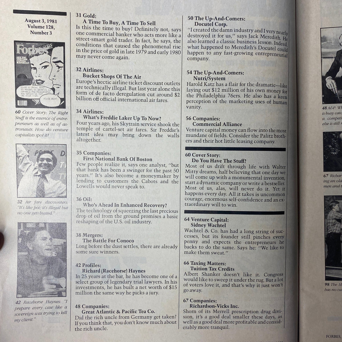 Interior page of Forbes Magazine August 3, 1981, showing contents and articles including 'Gold', 'Airlines', and venture capital insights, highlighting the economic discussions of the early 1980s.