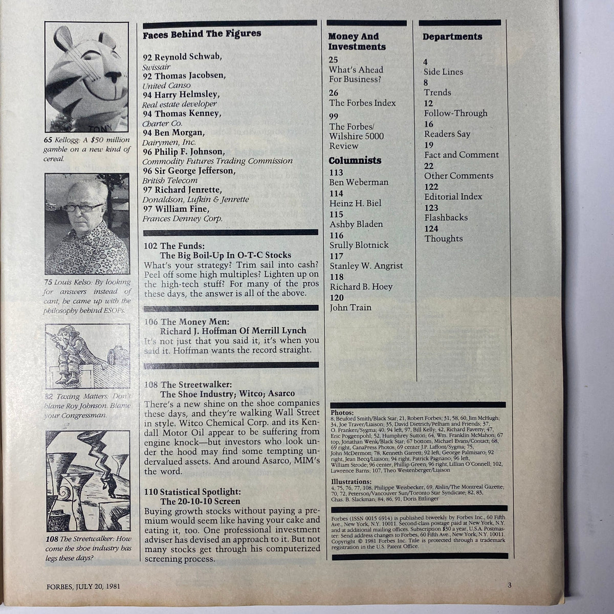 Interior page from Forbes Magazine, July 20, 1981, containing a detailed contents list and notable figures in various sectors, related to the cover story 'Can Canada Get Its Act Together?'. 