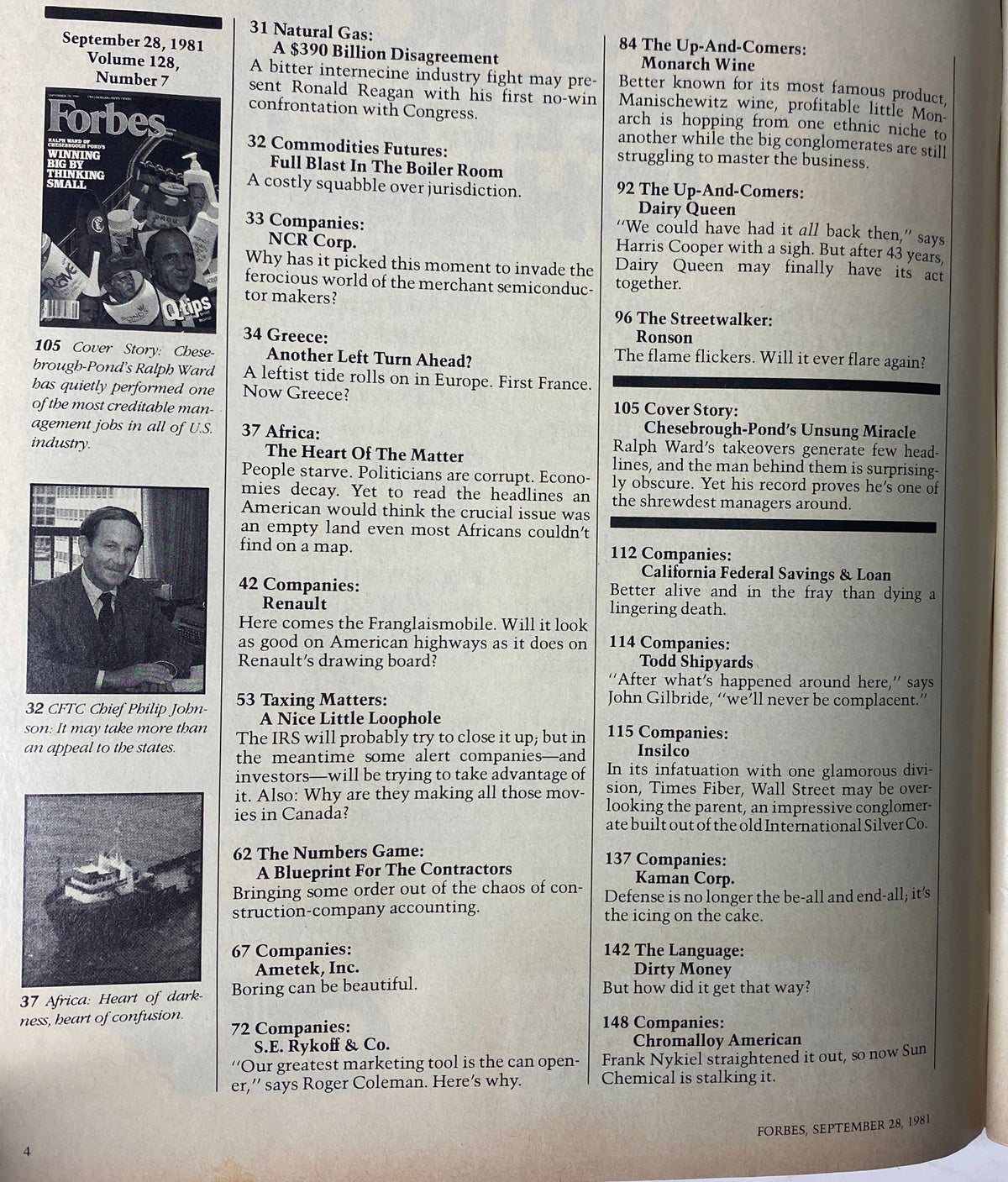 Interior page of Forbes Magazine dated September 28, 1981, showcasing the table of contents and articles including 'Natural Gas: A $390 Billion Disagreement' and 'Chesebrough-Pond's Unsung Miracle,' highlighting significant corporate strategies and economic discussions of the time.
