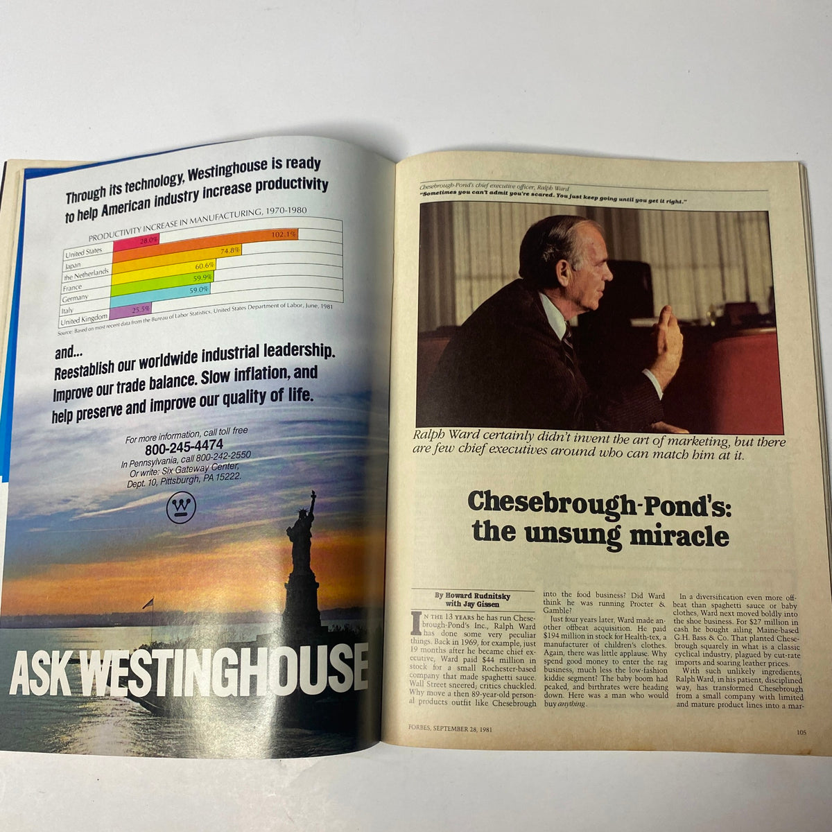 Interior page of Forbes Magazine September 28, 1981, highlighting the cover story 'Chesebrough-Pond's: the unsung miracle' focused on Ralph Ward's marketing strategies.
