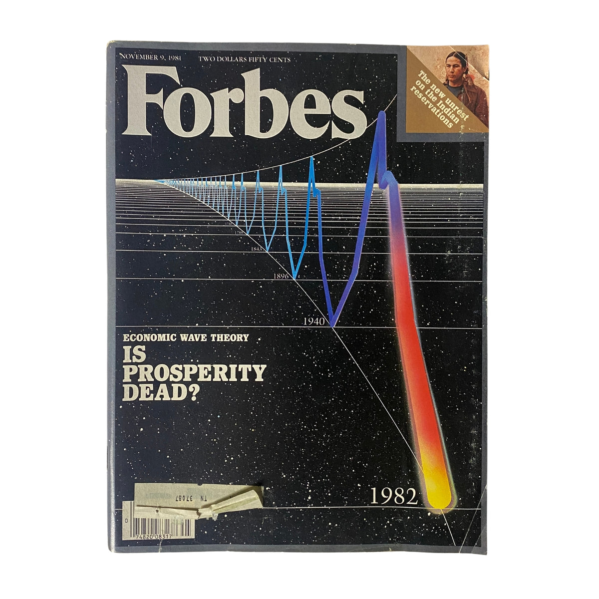 Forbes Magazine cover from November 9, 1981, featuring the title 'Is Prosperity Dead?' with a visual representation of Economic Wave Theory, displaying a graphical wave pattern in blue and red.