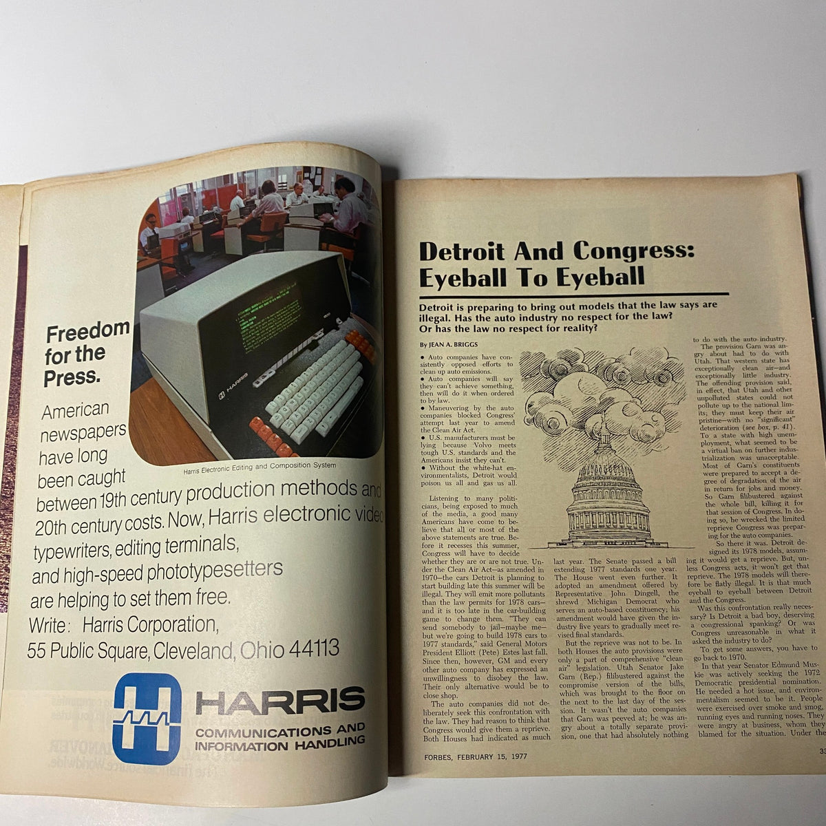 Inside page from Forbes Magazine, February 15, 1977, highlighting an article on Detroit and Congress, discussing automotive regulations and industry conflicts.