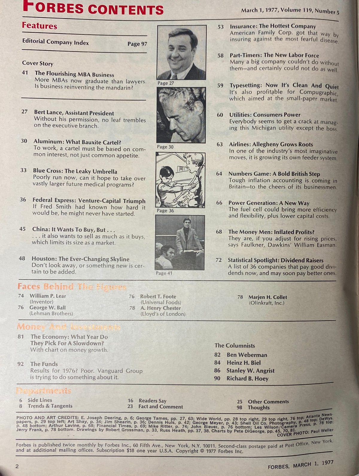 Contents page of Forbes Magazine, March 1, 1977, outlining features including 'The Flourishing MBA Business'.