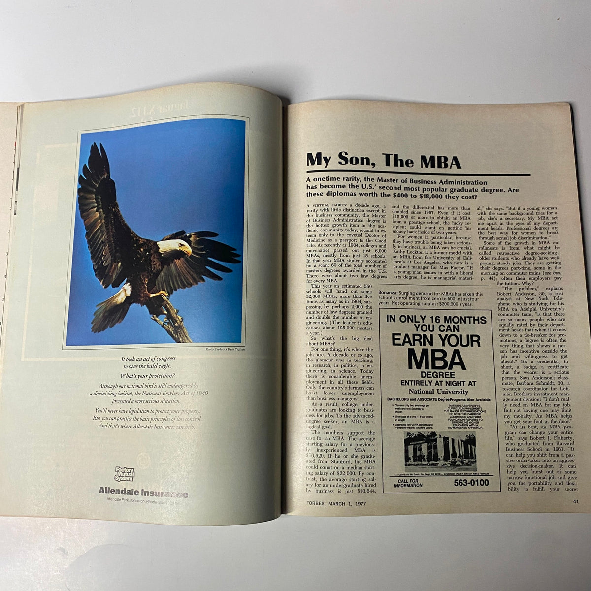 Interior page of Forbes Magazine, March 1, 1977, featuring an article titled 'My Son, The MBA' about the rising popularity of MBA degrees.