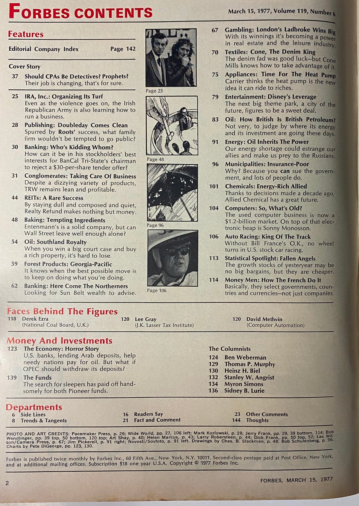Forbes Magazine March 15, 1977 - Contents page highlighting features including 'Should CPAs Be Detectives? Prophets?' and various financial topics.
